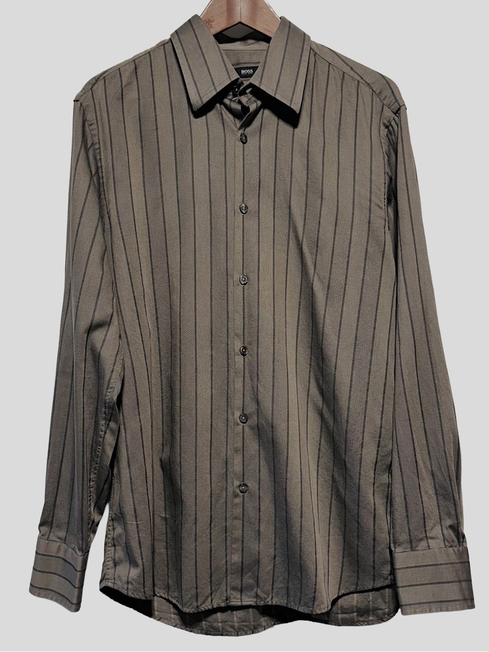 Hugo Boss Brown Taupe Striped Cotton Dress Shirt Button Up Luxury Mens 16.5